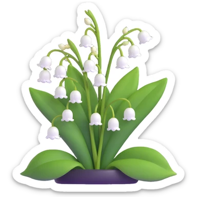 Realistic lily of the valley with correct leaf structure - large elliptical leaves from base, with center flower stem bearing small white bell flowers hanging in a row sticker