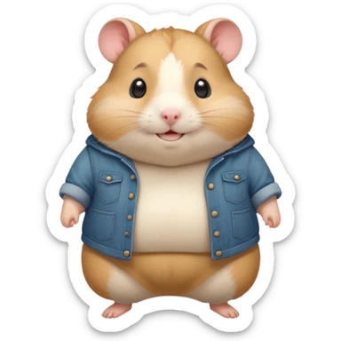 Cute chubby cartoon-style hamster wearing oversized pants that look too big, proud and smiling expression. Painterly shading, white background, sticker-style illustration sticker