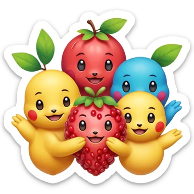 Three Pokémon characters showing kindness and teamwork. One Pokémon is handing a berry to another, while the third Pokémon is cheering and clapping happily. They look joyful and friendly, standing close together in a bright, colorful cartoon scene. The style is cute, playful, and emoji-like. sticker