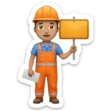 emoji style railway engineer full body in orange overalls, holding a sign in front of him sticker