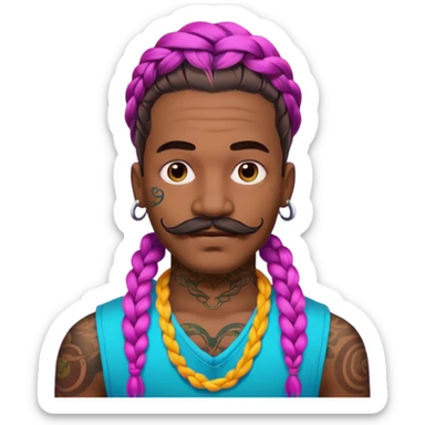 big lose braids starting from the top of the head man with mustache face wiith big visible braids and lots and lots of face tattoos colored tattoos like a tattoo artist hair unique color sticker