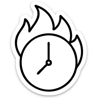minimal outlined icon of a round clock with vivid flames sticker
