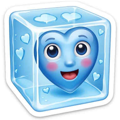 Ice cube with a flat mouthblue heart made of ice, inside an ice cube sticker