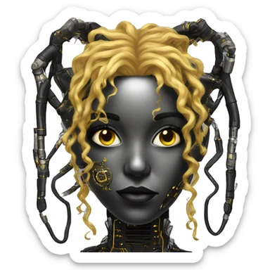black metal female cyborg head with circuitry and yellow gold curly hair sticker