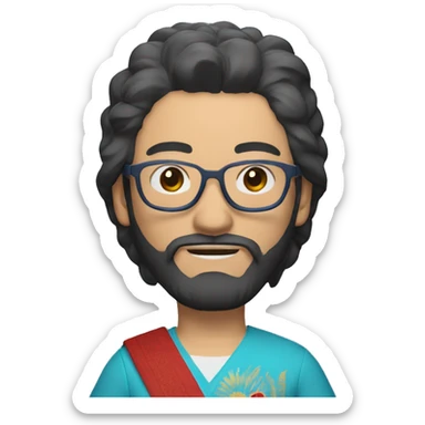 a kazakh man with visible hair in a red bandana, red blue light blocking glasses, a minor beard and a visible sword carried on his back sticker