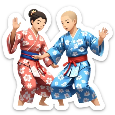 Cinematic Realistic scene of two performers engaging in Bon Odori, dressed in traditional yukata with intricate summer patterns, captured in graceful, rhythmic motion with warm, festive lighting sticker