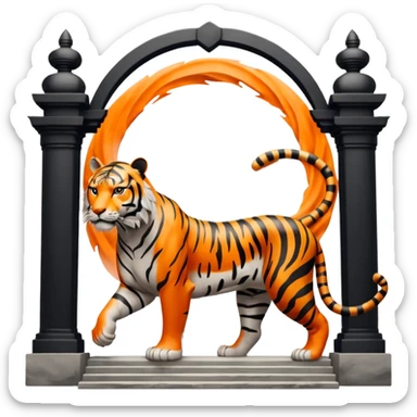 Traditional Chinese ink painting style emoji. A powerful tiger (like the ancient character 虎), standing guard in front of mystical gates (門). Energy swirls around him like a vortex (🌀). Minimalist, transparent background, 512x512 pixels. sticker