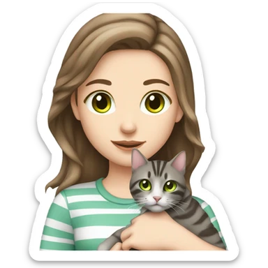 brown hair pale girl with green eyes holding grey tabby striped cat   sticker