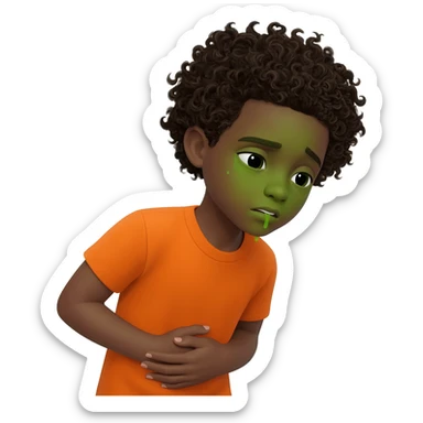 black boy curly hair orange shirt feel sick throw up hand on stomach green face sticker