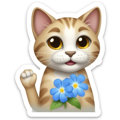 sweet cat smiling and stretching out its paw and giving a blue flower forget me not sticker
