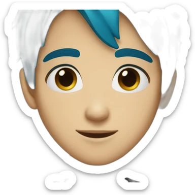 a boy with blue hair green eyes small nose and a black  shirt sticker