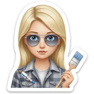 girl with long blond hair, wearing grey plaid shirt with blue eyes and aviator sunglasses wearing a ring on her silver necklace, holding a paint brush roller with a small bit of white paint on her face sticker
