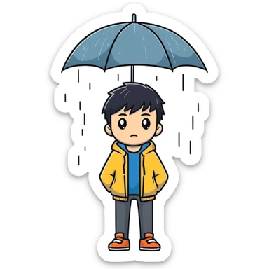Anime-style teenage boy with dark hair standing in the rain, looking melancholic sticker
