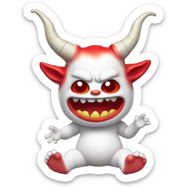 Red horned Satan doll swinging legs on a shelf  sticker
