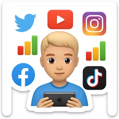 Add more social media icons around the person with charts in the style of apple emojis, with no background. sticker