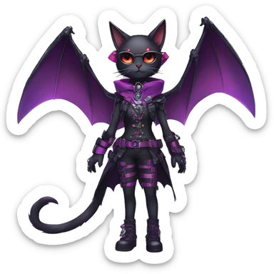 cool kawaii edgy evil techwear black purple red ethereal fantasy beautiful elegant bat-cat-Fakemon wearing legs spats a collar harness with jewelries full body sticker