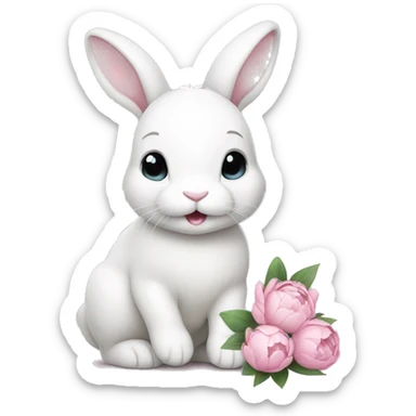cute white bunny holding light pink peonies sticker