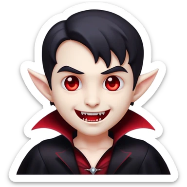 Cinematic Cute Vampire Portrait Emoji, with a refined yet playful small, rounded pale face accented by tiny, cute fangs and bright, twinkling eyes, sporting miniature elegant dark attire with a hint of crimson, simplified yet irresistibly charming, highly detailed with a soft glowing outline that captures the delightful duality of spooky sweetness and stylish allure! sticker