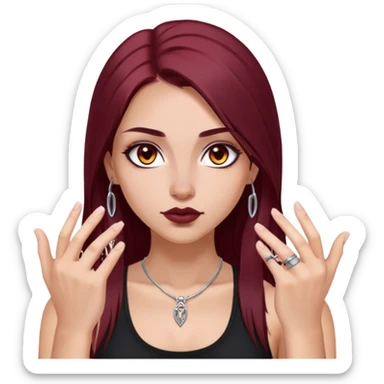 emoji of girl with two black glocks in hands with a black tank top gorgeous girl y2k with maroon dark long hair in a middle part with straight nose hazel eyes medium perfect eye brows with  a nose ring silver on the right nostril  sticker