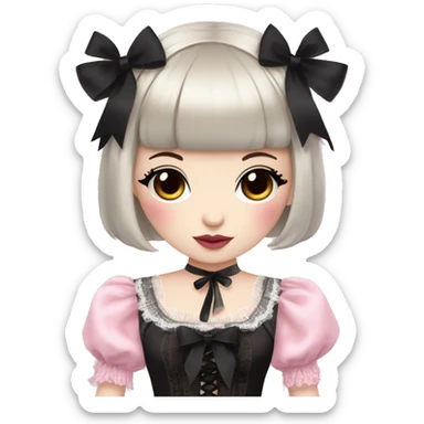 pale woman with short black hair and bangs, pink lips and eyeshadow, long eyelashes, brown eyes, pink Lolita dress with laces and ribbons, gothic Lolita doll look sticker