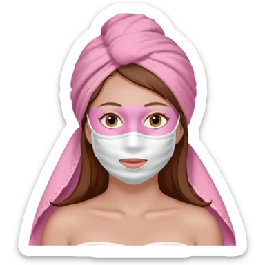 Lady with brown hair, white towel around her head, pink face mask spa beauty full face relaxing sticker