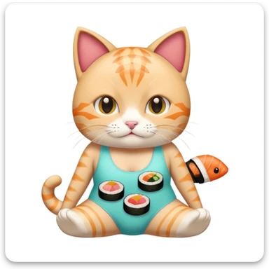 cute cat with a one piece swimsuit made from assorted sushi pieces, emoji style sticker