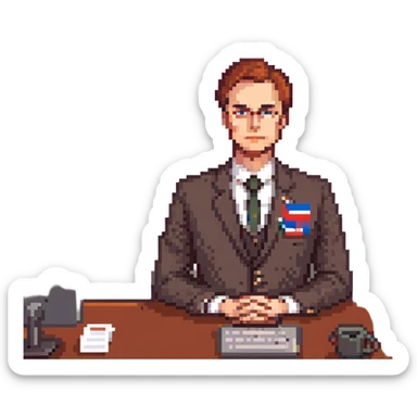 Russian Ministry of Finance employee dealing with sanctions, detailed, professional attire, serious expression, office setting, Russian flag elements subtly included, red color scheme sticker