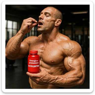 hyper realistic bodybuilder taking astaxanthin before workout, well visible muscles, red bottle, text 'Energia e protezione', gym environment, realistic details sticker