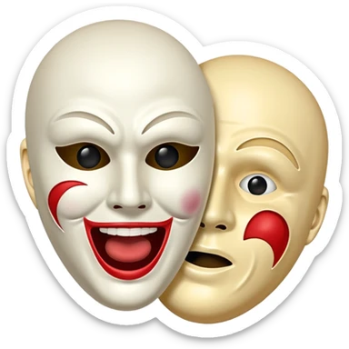A person taking off a comedy mask revealing a tragedy mask underneath sticker