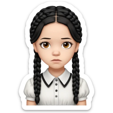Draw Jenna Ortega with pale skin, black braids, white-collared dress & serious expression. sticker