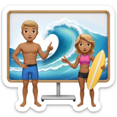 icon of a surf instructor teaching, pointing to a whiteboard with a wave in the center. Below the board are two avatars with their backs turned, looking at the board. sticker