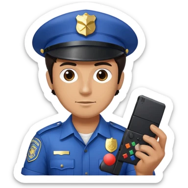 Чоловік з темним волоссям і в поліцейському кепі, тримає плейстейшн 5 sticker