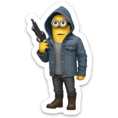 minion in a denim jacket in a hood, his face is not visible on the left side of his face gray pants and leather boots,holds pistols in both hands sticker