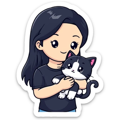 beautiful girl with long black hair wearing a black shirt holding a silver-colored cat sticker