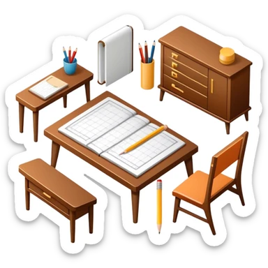 Icon for Furniture Design: a furniture drawing with 3D models of furniture pieces placed on top, accompanied by rulers and a pencil. The icon should represent the design process with focus on precision and modeling. Transparent background. sticker
