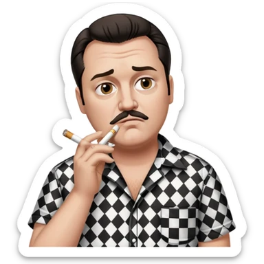 Bust of Ricky from Trailer park boys wearing black and white checkered short sleeve shirt, smoking a cigarette sticker