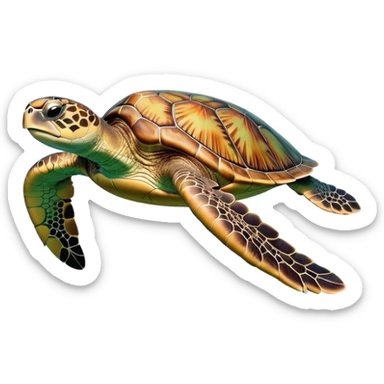 cinematic-sea-turtle-realistic-full-body-swimming-emoji,-graceful-streamlined-body-gliding-through-crystal-clear-waters,-large-flippers-moving-in-fluid-motion,-smooth-green-and-brown-patterned-shell-glowing-in-the-sunlight,-gentle-dark-eyes-filled-with-deep-wisdom,-bubbles-trailing-in-its-wake,-simplified-yet-realistic-focused-features,-highly-detailed,-glowing-with-an-oceanic-serene-light sticker