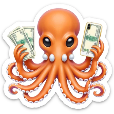 Intimidating octopus with pearl black skin, neon peach suction cups. Evil looking octopus is wearing a white face mask and thick gold necklace. 2 tentacles are holding their own cellphone, 2 more tentacles are holding stacks of money. sticker