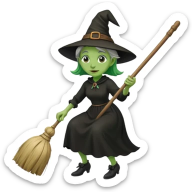 Old witch with green skin and a big nose waering a black dress and riding a broom sticker