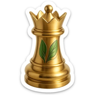 Add gold accents to the 3D king chess piece with green leaf details, maintaining an elegant and polished look, no background. sticker