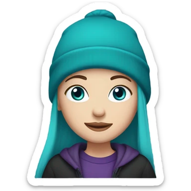 White girl, blue eyes, long teal hair, purple beanie hat, black hoodie sticker