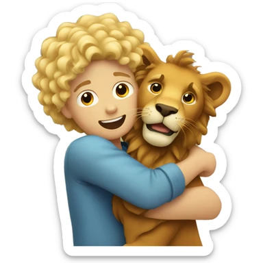 curly blonde boy hugging a lion sticker