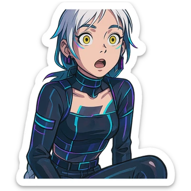 a shocked facial expression, a closeup portrait of young woman with gold yellow eyes, white hair, long braid, black off-shoulder top d-cup, punk gothic style, futuristic cyberwave cyberpunk, sitting position sticker