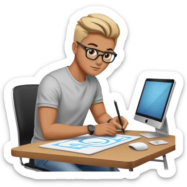 designer drawing in a digital table with his computer sticker