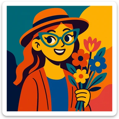 a girl with an oval face, cat eye glasses, a stylish hat, and a bouquet of flowers in her hand, vibrant cartoon style sticker