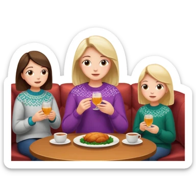 people at a dinner table with a girl sitting on a sofa talking in a cozy home sticker