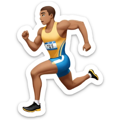 An icon symbolizing professional running: a dynamic sprinting athlete in motion on a track, leaving motion lines behind. The background features a large stadium with cheering crowds, a digital timer, and a clear blue sky. Transparent background emphasizes speed, endurance, and competition. sticker