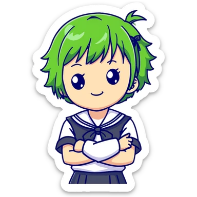 Mischievous anime girl with green short messy hair wearing Japanese sailor style school uniform, smirking and plotting, kawaii style sticker