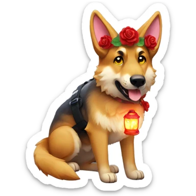 Brindled German shepherd fox carrying glowing red lantern, fairy lights, rose flower crown sticker