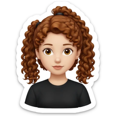 Girl, chestnut colored curly hair, one ponytail, black shirt sticker